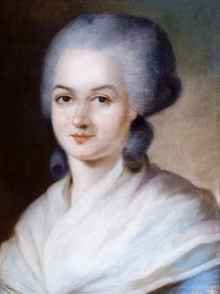 Olympe de Gouges (1748-1793), French playwright and political activist for women's rights and abolitionism, portrait painting in pastel by Alexander Kucharsky, before 1793