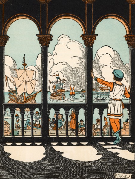 The 15 year old Marco Polo (c1254-1324), on Venice Quay. By Donn Philip Crane (1878-1944). In 1269, Niccolò Polo (c1230-c1294) and Maffeo Polo (c1230-c1309), returned to Venice to meet Marco for the f...