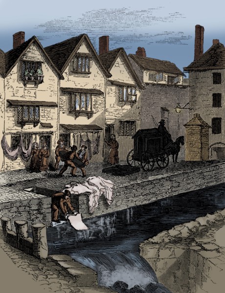 Washing clothing infected with cholera, Exeter, 1832. The second cholera pandemic (1829-1851) reached London and Paris in 1831.