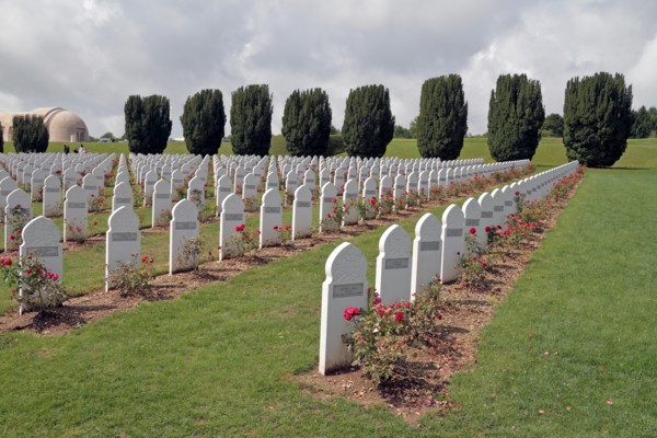 Muslim headstones in the French National Cemetery in front of the Douaumont ossuary, near Fort Douaumont, near Verdun, France.
