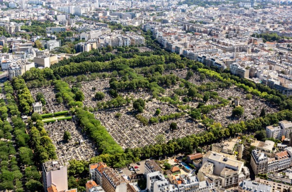 Montparnasse Cemetery (La Cimetière du Montparnasse) from the observation deck at the top of the Tour Montparnasse, Paris, France