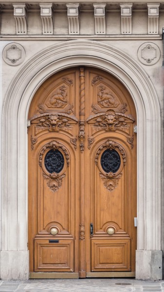Antique inlaid wooden door with carved stone structure in an ancient palace in Paris.