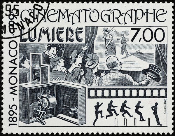Cinematograph of Lumiere brothers on postage stamp