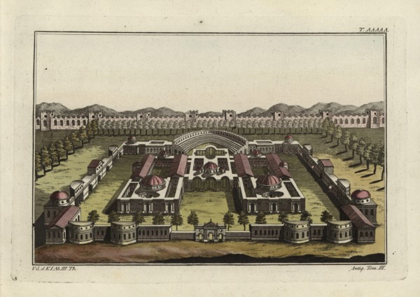 Baths of Diocletian (Thermae Diocletiani) in Rome, with hot baths Caldarium, sauna Tepidarium, cold baths Frigidarium and Natatio. Handcoloured copperplate engraving from Robert von Spalart's "Histori...