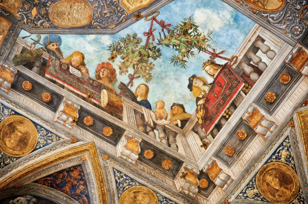 Renaissance trompe l'oeil ceiling fresco paintings,The Treasure Hall Renaissance painting , Palazzo Costabili, National Archaeological Museum, Ferrara