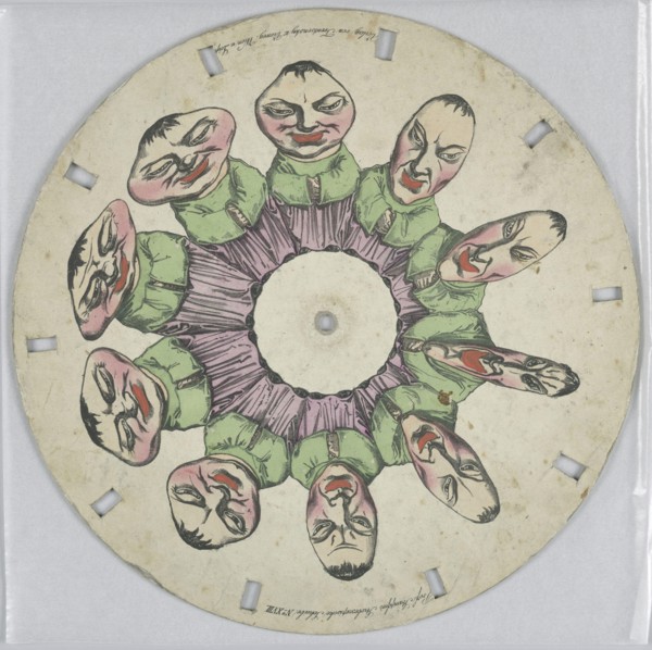 Phenakistiscope Disc with Distorted Man, Simon von Stampfer, Austrian, 1792 - 1864, Hand-colored lithograph on paperboard, Paper disc with a hole in the center, 10 rectangular perforations evenly spac...