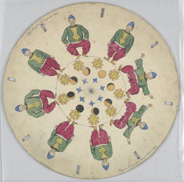 Phenakistiscope Disc with Dancing Man, Simon von Stampfer, Austrian, 1792 - 1864, Hand-colored lithograph on paperboard, Paper disc with a hole in the center, 8 rectangular perforations evenly spaced ...