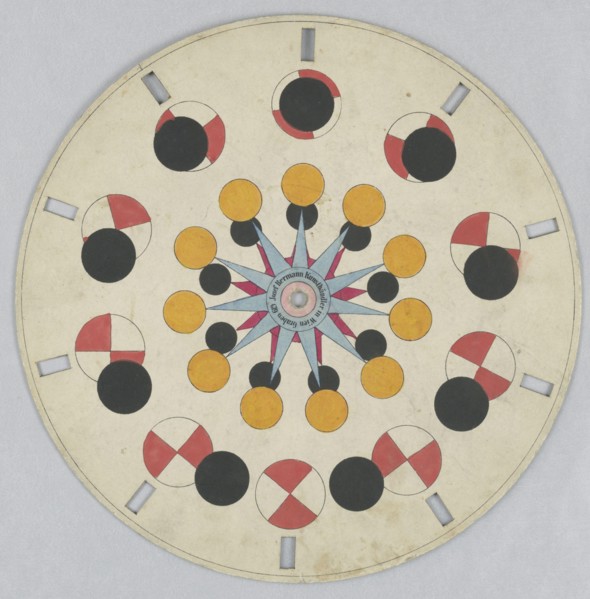 Phenakistiscope Disc with Geometric Shapes, Josef Bermann, Austrian, 1810 - 1866, Hand-colored lithograph on paperboard, Paper disc with a hole in the center, 10 rectangular perforations evenly spaced...