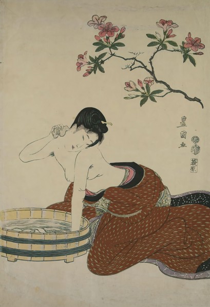 Utagawa Toyokuni I, Azalea, neck wash, from the untitled series of beauties with flowers, color woodcut, Total: Height: 38,90 cm; Width: 26,50 cm, signed: Signature: Toyokuni ga ???, Publisher: Hagiwa...