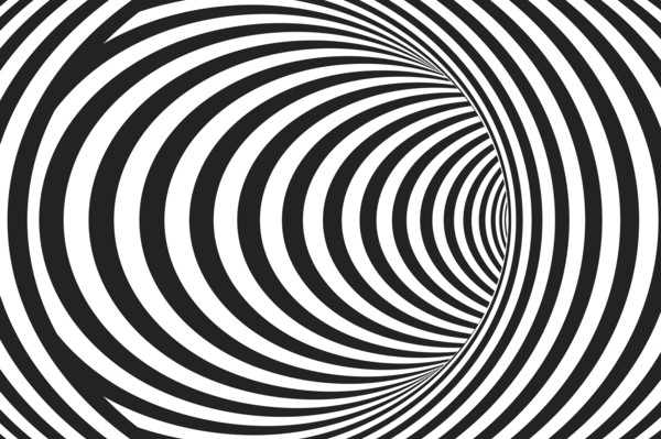 Abstract black and white concentric lines that makes a striped tunnel.  Optical Illusion effect. Modern vector background. Hypnotic line art.