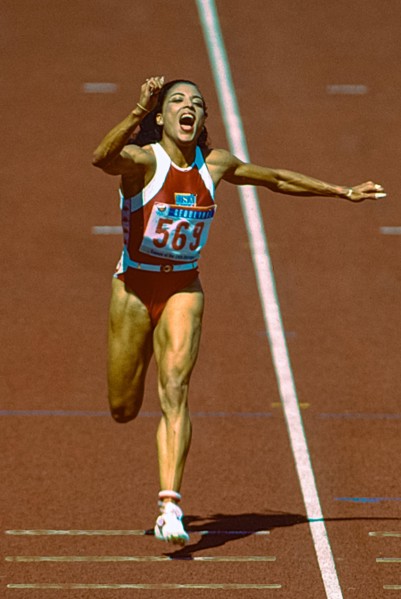 Florence Griffith Joyner (USA)  wins the gold medal in the Women's 100m Final at the 1988 Olympic Summer Games.