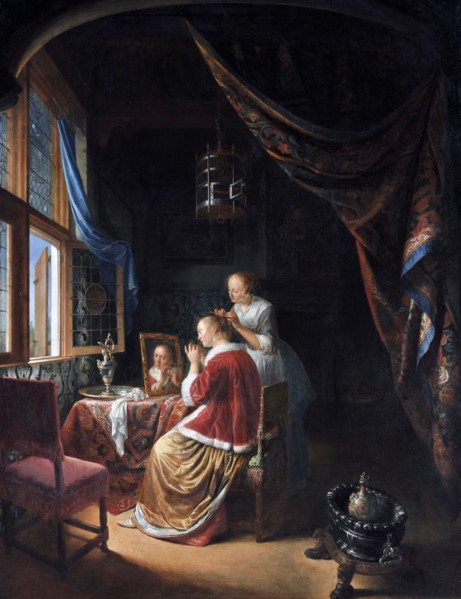 A Young Woman at her Toilet by Gerrit Dou (1613-1675), oil on panel, 1667