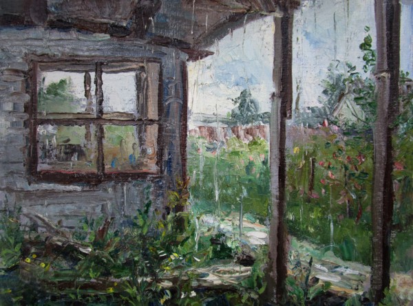 Rain in the country in summer, oil painting with palette knife