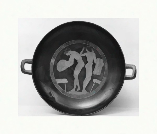 Art inspired by Terracotta kylix (drinking cup), Classical, ca. 470 B.C., Greek, Attic, Terracotta; red-figure, H. 5 in. (12.7 cm), Vases, Interior, two women with their garments, Exterior, obverse an...