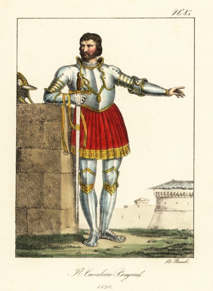 Pierre Terrail, seigneur de Bayard, c. 1476-1524, French knight and commander. In suit of plate armour with gold trim, red skirts, helm and sword. Le Chevalier Bayard, 1520. Handcoloured lithograph by...