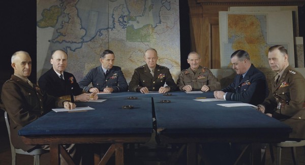 Left to right: Lieutenant General Omar Bradley, Commander in Chief, 12th US Army Group; Admiral Sir Bertram H Ramsay, Allied Naval Commander in Chief, Expeditionary Force; Air Chief Marshal Sir Arthur...