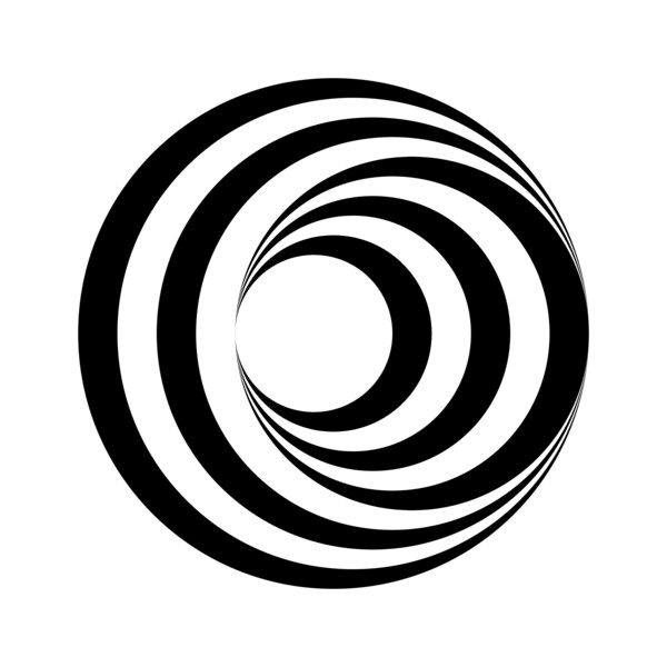 Op art circle. Black and white stripes make optical illusion. Swirl rotation effect. Sphere tunnel visual trick. Symmetric round object. Vector