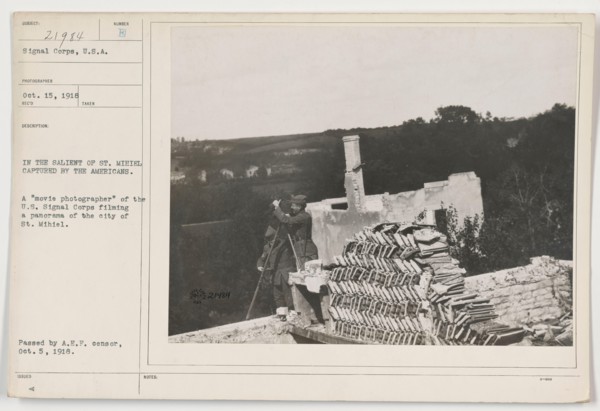 A U.S. Signal Corps "movie photographer" captures footage of the city of St. Mihiel, a captured area by the American troops, during World War One. The photograph was taken on October 15, 1918, and rec...