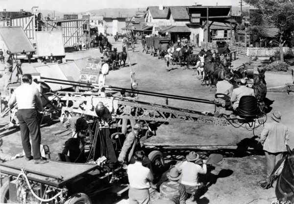 Movie Crew with Camera Crane filming an outdoor scene for JUDY GARLAND in THE HARVEY GIRLS 1946 director GEORGE SIDNEY novel Samuel Hopkins Adams cinematographer George J. Folsey associate producer Ro...