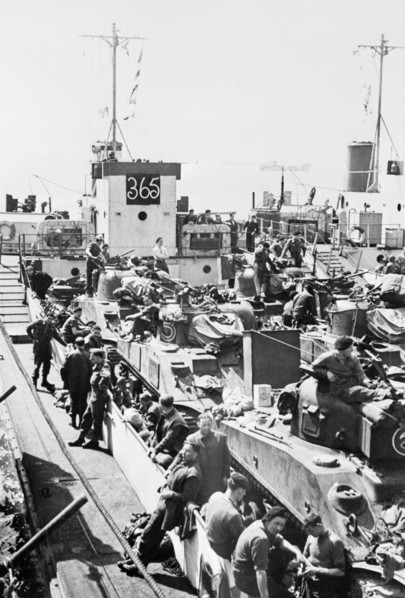 Preparations For Operation Overlord (the Normandy Landings)- D-day 6 June 1944 A British LCT (Landing Craft Tank) loaded with Sherman tanks, at a port on the south coast of England, during an exercise...
