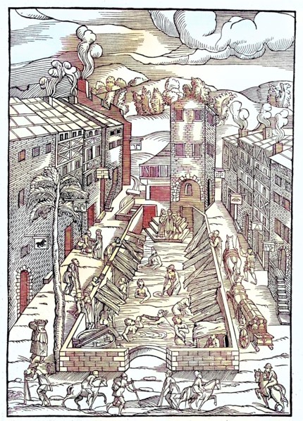 Digital restauriert, Badeanstalt, das gemeinsame Sanatorium für die Armen und Kranken in Plombiere, Frankreich, Holzschnitt aus dem Jahr 1553, Veröffentlichung aus dem Jahr 1882  /  Digital improved:,...