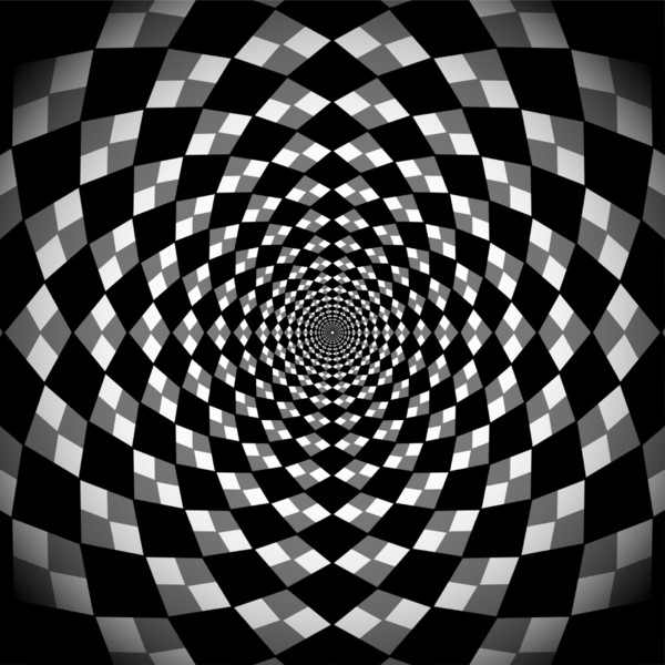 Hypnotic background, optical spiral illusion. Optical Checkered Circle Classic circular Op Art design in black and white color. Vector illustration