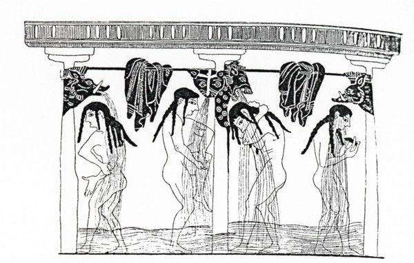 Four Greek women stand in the floor of the bath half up to their knees in water, and take a cold shower from the spouts above.