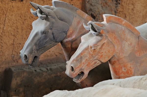 The Terracotta Warriors. Close-up of equestrian heads from the buried funerary army at Xian, Shaanxi province, China.