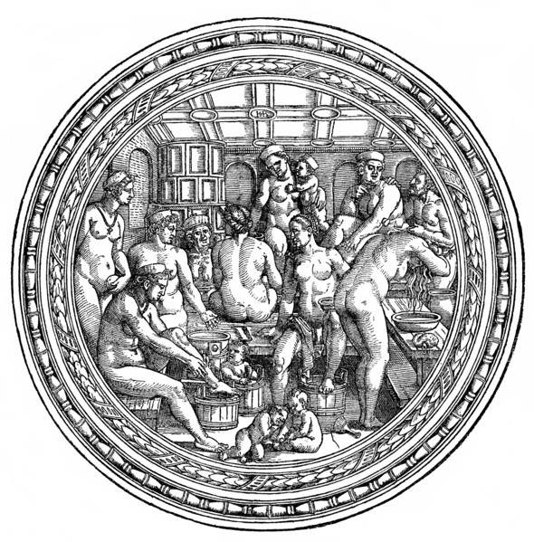 contemporary personal hygiene in a women's bathhouse, after a painting by Hans Sebald Beham from 1500