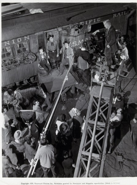 1939, Film Title: UNION PACIFIC, Director: CECIL B DeMILLE, Studio: PARAMOUNT, Pictured: BEHIND THE SCENES, CECIL B DeMILLE, EPIC, HISTORICAL, LOVE (TRIANGLE), JOEL McCREA, ROBERT PRESTON, RAILROADS, ...