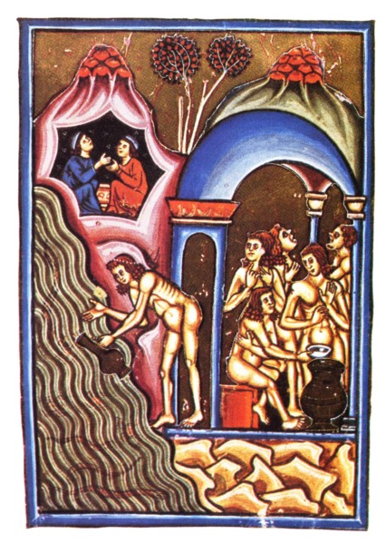 . Italiano: Pietro da Eboli (XIII secolo) 'De Balneis Puteolanis'. Miniatura del Codice Angelico Ms. 1474 (Biblioteca Angelica di Roma), che mostra il 'Balneum Sudatorium' (conosciuto anche come 'Stuf...
