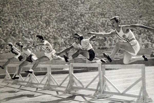 Photograph of Mildred Ella "Babe" Didrikson Zaharias (1911 - 1956)  winning the 80m Hurdles at the 1932 Olympic games. Babe gained world fame in track and field and All-American status in basketball.