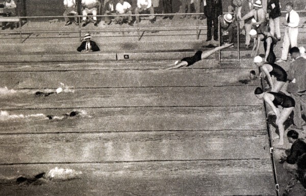 Photograph of the 4x100 meter swimming relay at the 1932 Olympic games. Won by the USA, second Netherlands and third Great Britain.