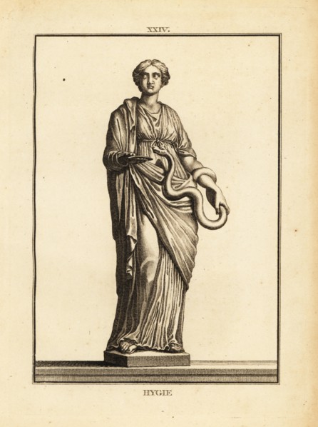 Hygieia, Greek and Roman goddess of health and cleanliness, daughter of the god of medicine Asclepius. Copperplate engraving by Francois-Anne David from Museum de Florence, ou Collection des Pierres G...
