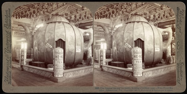 Stereograph image of the biggest teapot on earth, holding a million cups of tea. Pure Food Exhibit, Jamestown, Virginia, 1907.