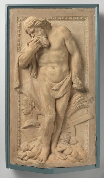 Saturn, The god stands on the left leg and with the right bent on a protruding floor for a flat background with an egg frame. He bends the bearded head with the long hair separated in the middle forwa...
