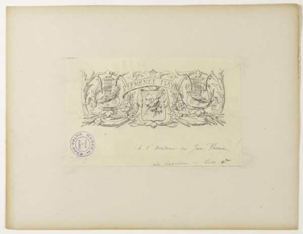 At the Academy of Floral Games Paul-Henri Regereau, peintre français. A l'Académie des Jeux Floraux. Crayon et encre sur papier. 1885. Paris, Maison de Victor Hugo.