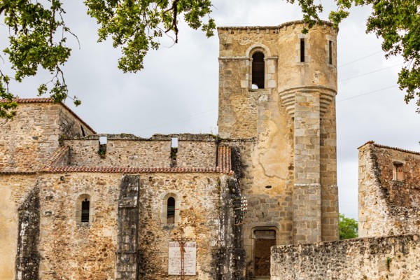 Europe, France, Haute-Vienne, Oradour-sur-Glane. Sept. 5, 2019. Ruined stone church in the martyr village of Oradour-sur-Glane.