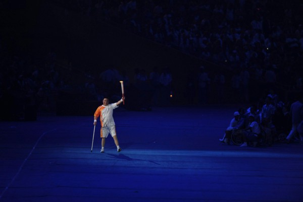 Beijing, China  September 6, 2008: Handicapped Paralympic torch-bearer at the Opening Ceremonies of the Beijing Paralympics at China's National Stadium, known as the Bird's Nest.      ©Bob Daemmrich