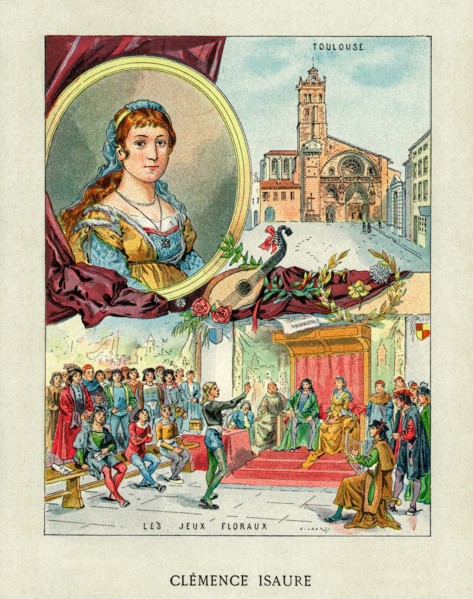 Old color lithography portrait of Clemence Isaure (1463-1513) Legendary medieval woman, founder of the Acadèmia dels Jòcs Florals or Academy of Floral Games. Member of the Yzalguier family from Toulou...