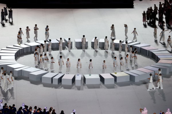 Tokyo, Japan, 23 July, 2021. Performers stand during the Opening Ceremony of the Tokyo 2020 Olympic Games . Credit: Pete Dovgan/Speed Media/Alamy Live News