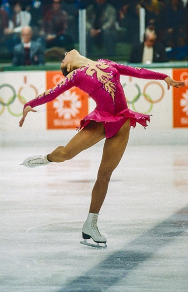 Katarina Witt (GDR) Gold medalist and Olympic Champion competing in the Ladies Figure Skating Free Skate at the 1984 Olympic Winter Games.