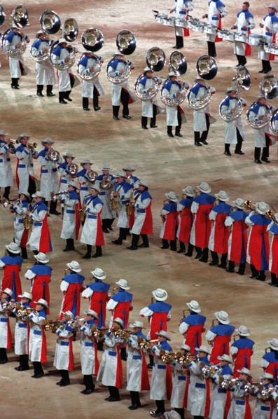 The Olympic band performs before an audience of 110,000 (Not shown), September 15th, 2000, during the opening ceremonies for the Sydney 2000 Olympics. Fifteen US Military athletes (Not shown) are comp...
