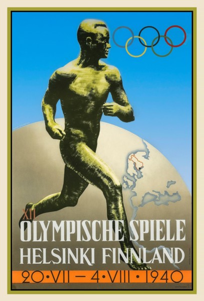 Helsinki Olympic Games 1940. Games and poster cancelled due to impending World War II Poster by Ilmari Sysimetsä  Sculpture is of the famous Finnish runner Paavo Nurmi, with 9 gold and 3 silver Olympi...