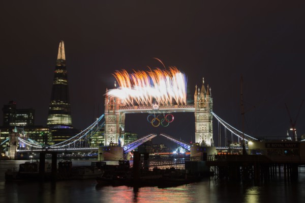 Tower Bridge fireworks and light display to mark the opening of the 2012 London Olympic Games.