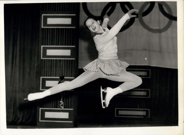Mar. 02, 1956 - Olympic Ice-time on Television. Yvonne Sugden in action: Many well known skating stars were to be seen at Queen's Ice Rink, London this afternoon preparing for this evening's BBC progr...