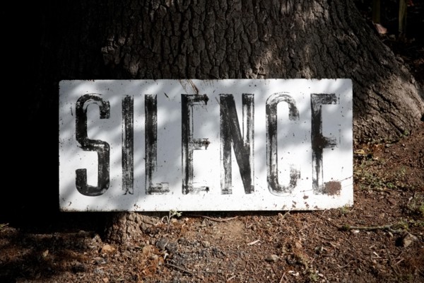 A Silence sign at the Oradour-Sur-Glane massacre memorial site in the Haute-Vienne region of France