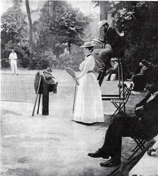. English: A. Gillou (maybe Kate Gillou?), French contestant, at the 1900 Olympic games Tennis tournament, at the Tennis court Cercles des Sports de l'Ile de Puteaux, Paris. Cover page of magazine La ...