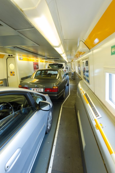 Vehicles parked on the Channel Tunnel, or Chunnel, Shuttle, train carrying them from England to France