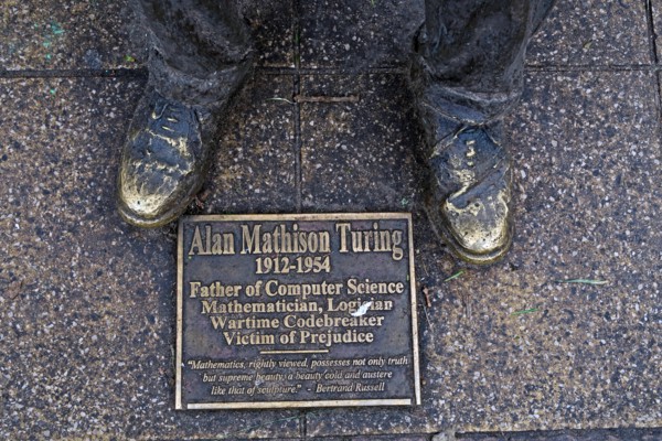 Bronze statue of Alan Mathison Turing, Sackville Gardens, Gay Village Canal St, Manchester, Lancs, England, UK, M1